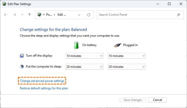 Change advanced power settings